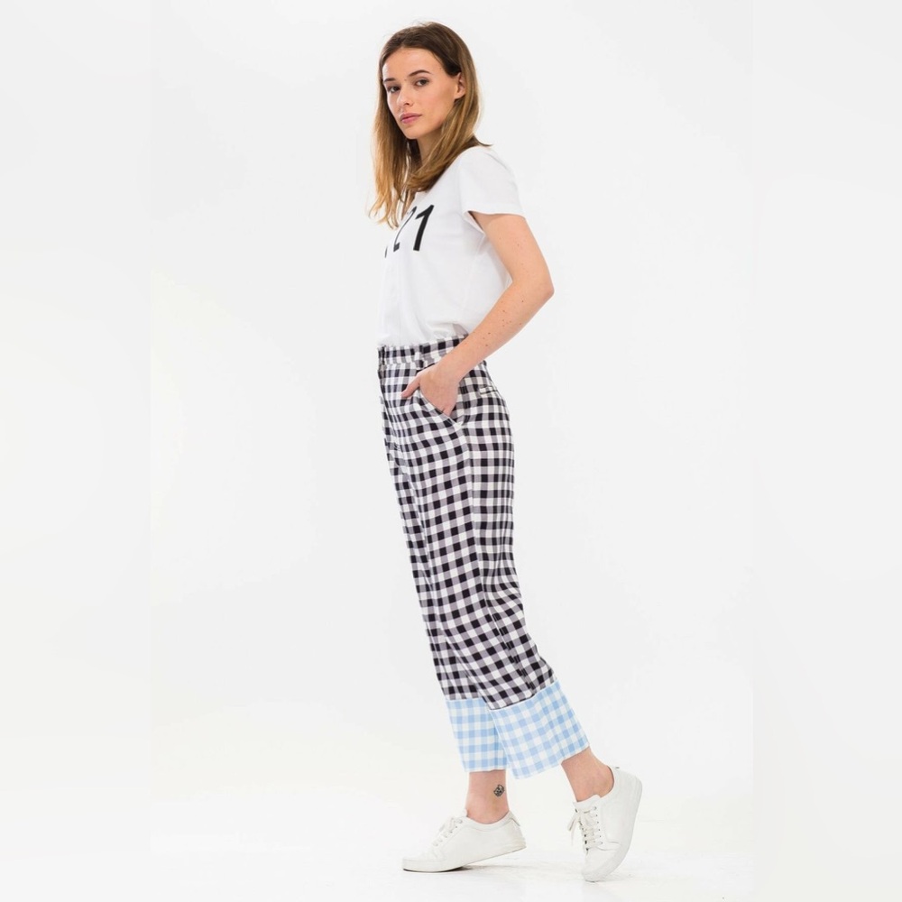 Lee Mathews Gingham Contrast Color Linen Cropped Pants